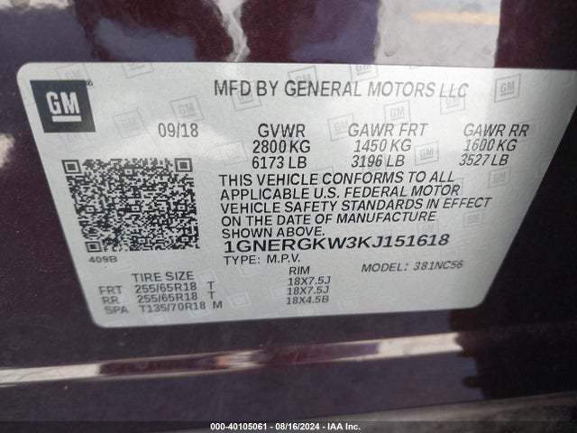 Chevrolet Traverse 1lt 2019 1GNERGKW3KJ151618 Image 9