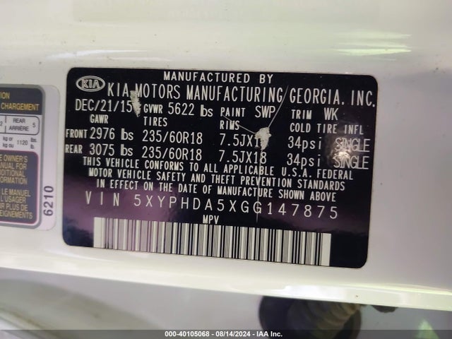 KIA Sorento 3.3l Ex 2016 5XYPHDA5XGG147875 Image 9