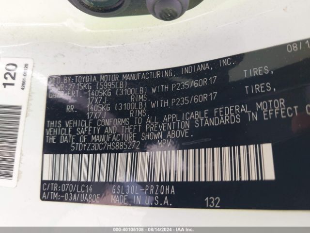 5TDYZ3DC7HS885272 Toyota Sienna Xle Premium 8 Passenger