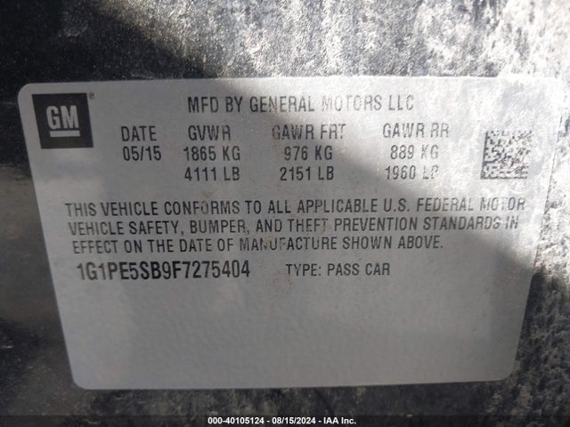 1G1PE5SB9F7275404 Chevrolet Cruze 2lt Auto