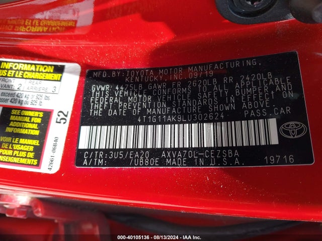 Toyota CAMRY SE 2020 4T1G11AK9LU302624 Image 9