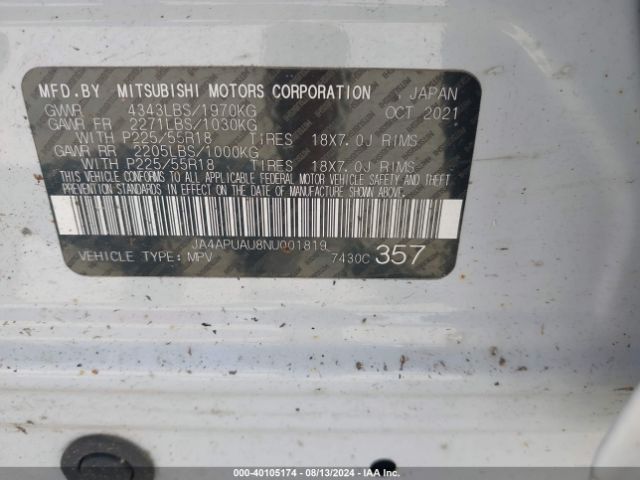 JA4APUAU8NU001819 Mitsubishi Outlander Sport 2.0 Be 2wd/2.0 Es 2wd/2.0 Le 2wd/2.0 S 2wd