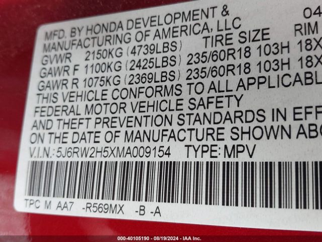 5J6RW2H5XMA009154 Honda Cr-v Awd Ex