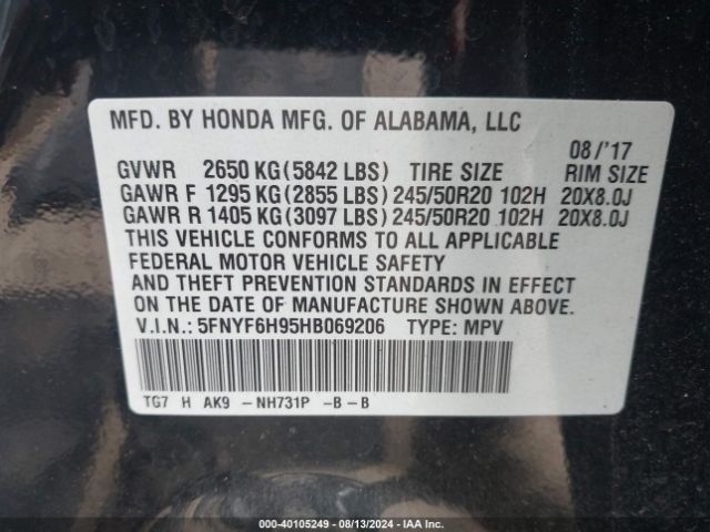5FNYF6H95HB069206 Honda Pilot Touring