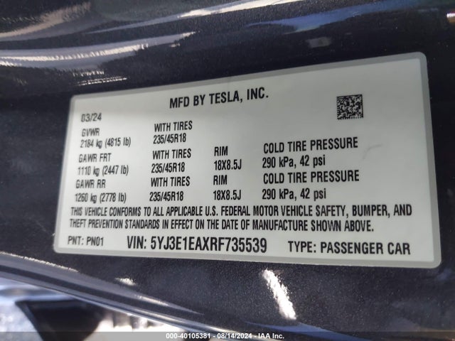 2024 TESLA MODEL 3 5YJ3E1EAXRF735539 Photo 8