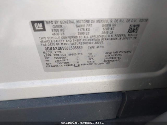 Chevrolet EQUINOX LT 2018 3GNAXSEV8JL306889 Image 9