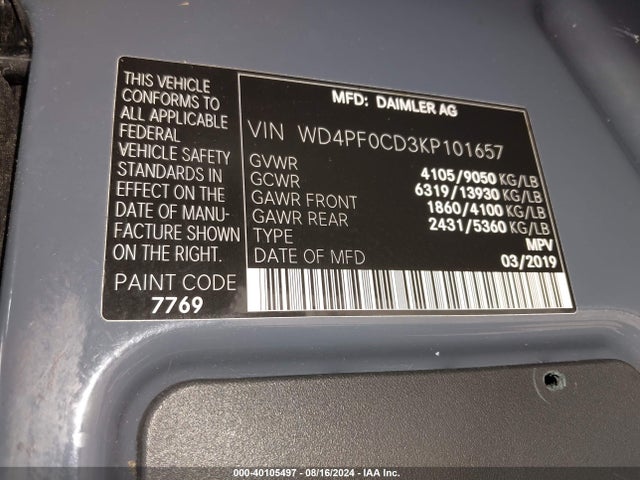 WD4PF0CD3KP101657 Mercedes-Benz Sprinter 2500 High Roof V6/standard Roof V6