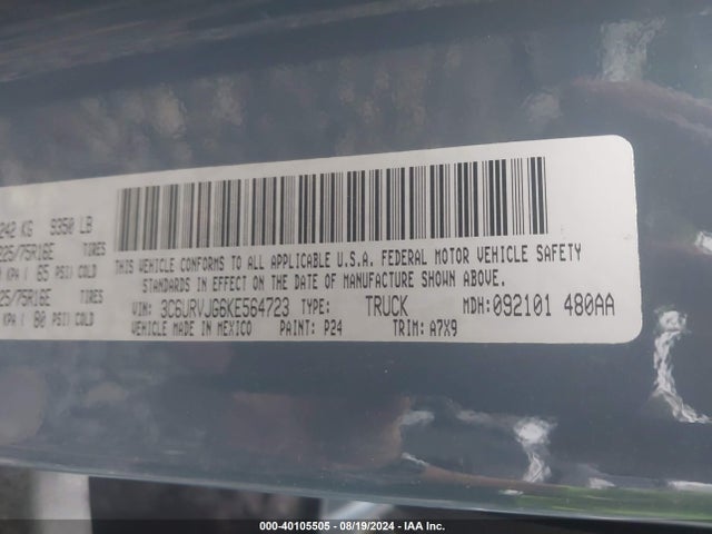 3C6URVJG6KE564723 RAM Promaster 3500 Cargo Van High Roof 159 Wb Ext