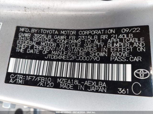 JTDB4MEE2PJ000790 Toyota COROLLA LE