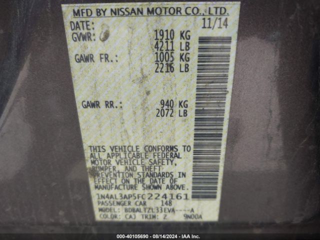 1N4AL3AP5FC224161 Nissan Altima 2.5/2.5 S/2.5 Sl/2.5 Sv