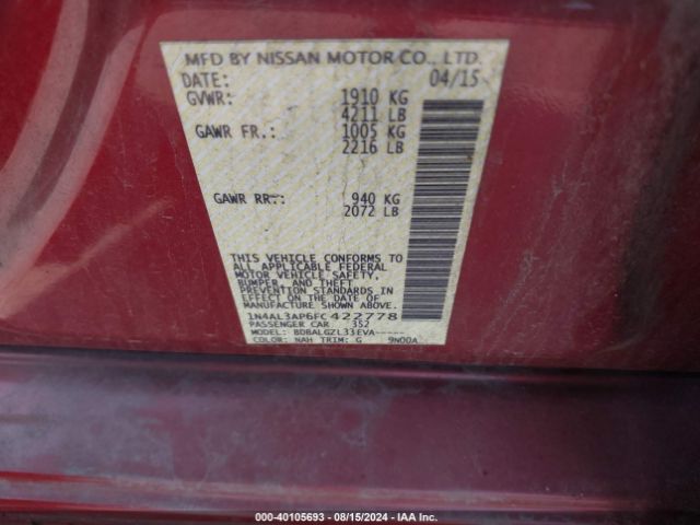 1N4AL3AP6FC422778 Nissan Altima 2.5/2.5 S/2.5 Sl/2.5 Sv