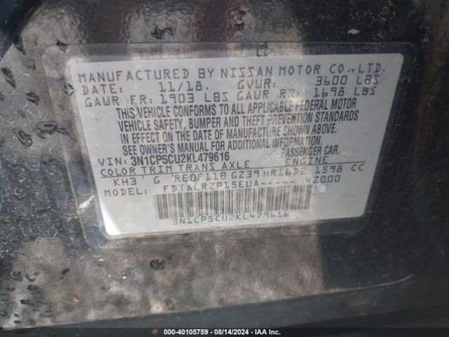 3N1CP5CU2KL479616 Nissan KICKS S