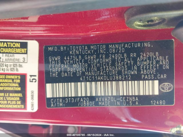 4T1C11AK0LU388212 Toyota CAMRY LE