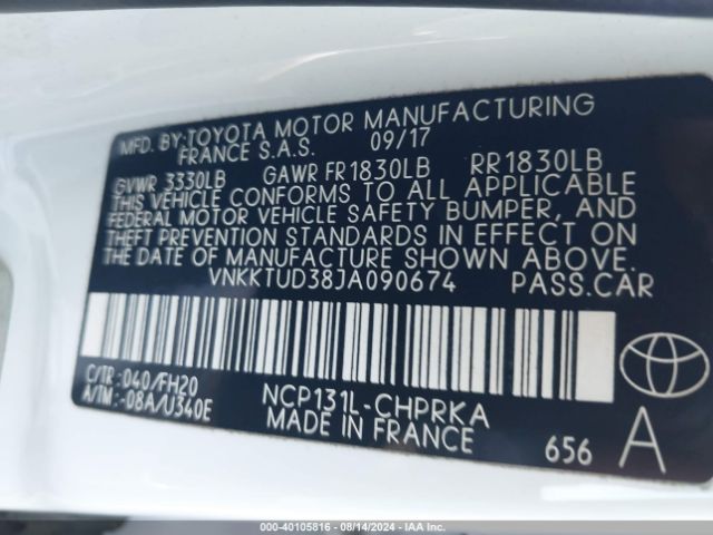 VNKKTUD38JA090674 Toyota YARIS LE