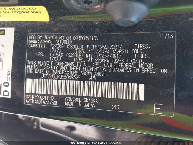 Toyota 4RUNNER SR5 2014 JTEZU5JR3E5069325 Image 9