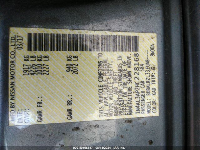 1N4AL3AP2HC228168 Nissan Altima 2.5/s/sv/sl/sr