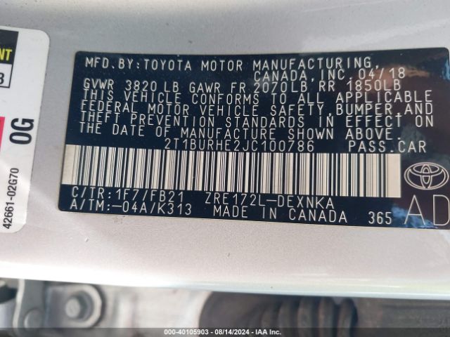 2T1BURHE2JC100786 Toyota Corolla L/le/se/xle/xse