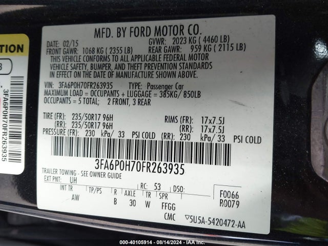 Ford FUSION SE 2015 3FA6P0H70FR263935 Image 9
