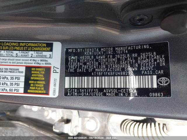 Toyota CAMRY SE 2015 4T1BF1FK6FU488292 Image 9