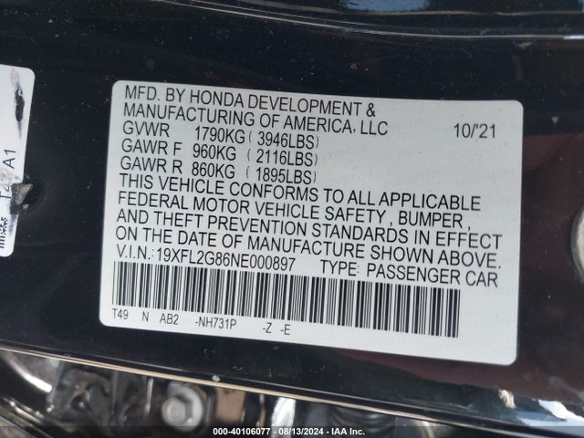 Honda Civic Sport 2022 19XFL2G86NE000897 Image 9