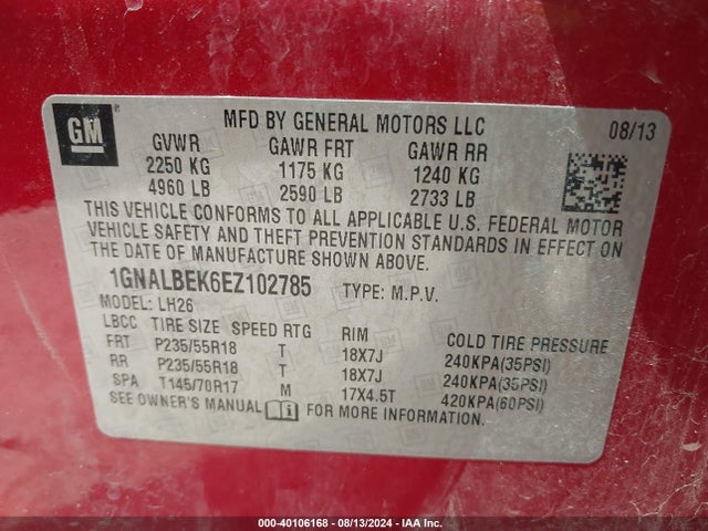 Chevrolet EQUINOX 1LT 2014 1GNALBEK6EZ102785 Image 9