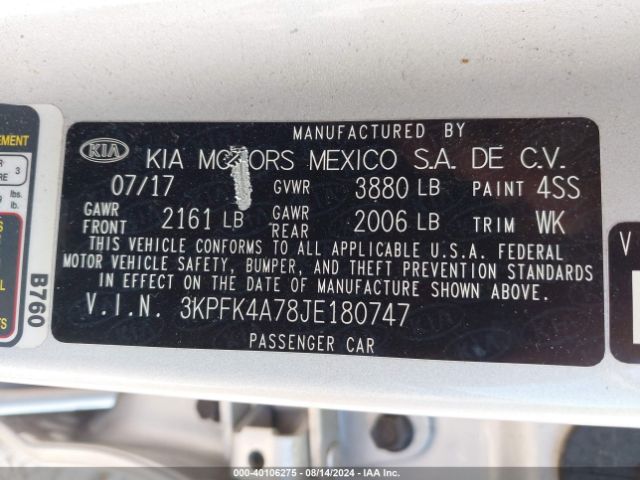 3KPFK4A78JE180747 KIA FORTE LX