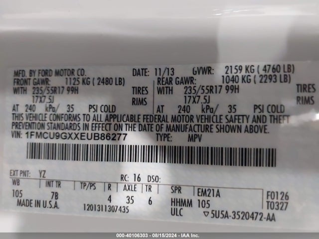 Ford ESCAPE SE 2014 1FMCU9GXXEUB86277 Image 9