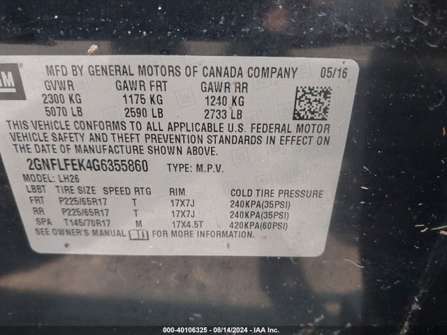 Chevrolet EQUINOX LT 2016 2GNFLFEK4G6355860 Image 9