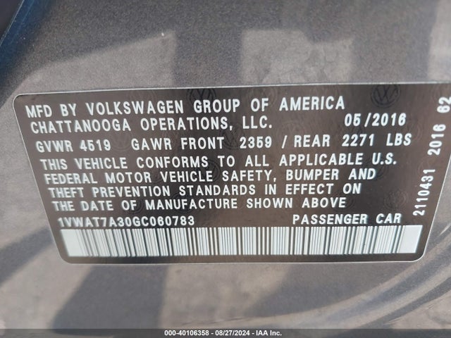 1VWAT7A30GC060783 Volkswagen Passat 1.8t S