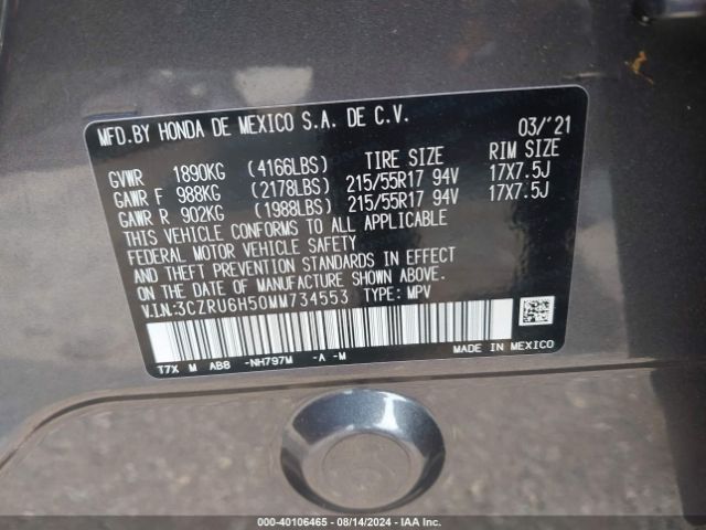3CZRU6H50MM734553 Honda Hr-v Awd Ex