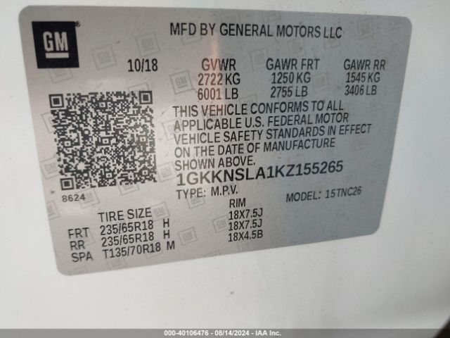 GMC Acadia Sle-2 2019 1GKKNSLA1KZ155265 Image 9