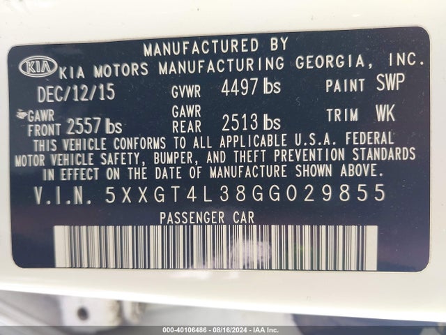 KIA Optima Lx 2016 5XXGT4L38GG029855 Image 9