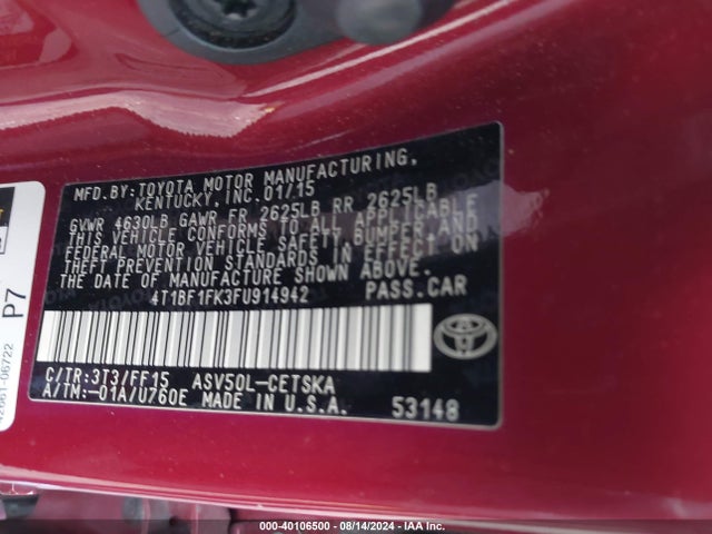 Toyota CAMRY SE 2015 4T1BF1FK3FU914942 Image 9