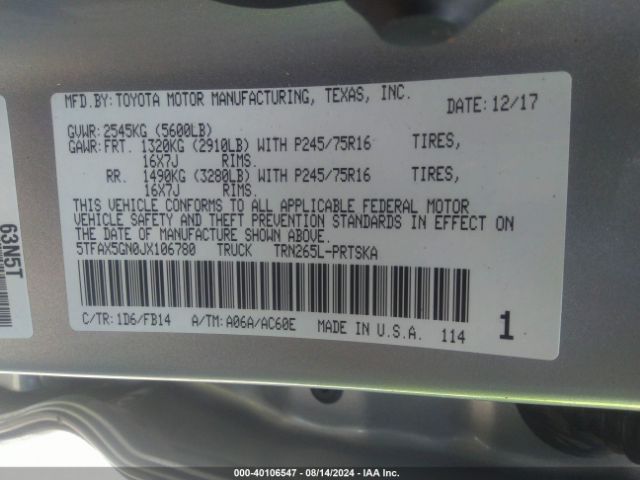 5TFAX5GN0JX106780 Toyota Tacoma Sr