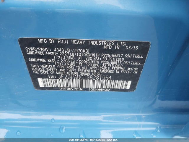 Subaru Crosstrek 2.0i Premium 2016 JF2GPADC1G8281954 Image 9
