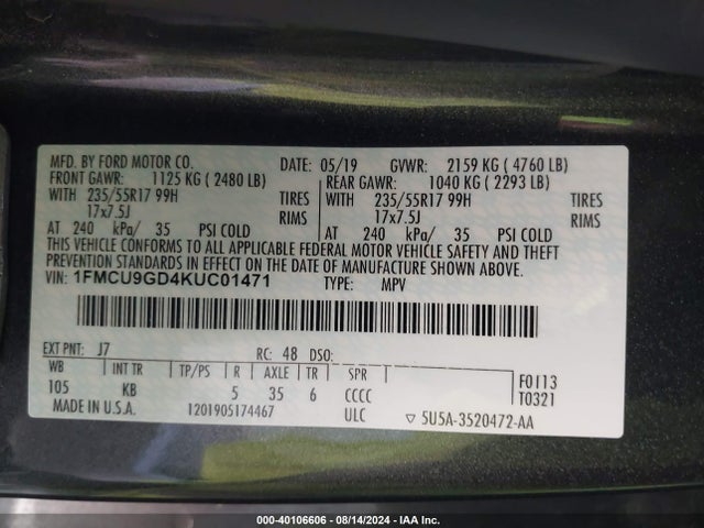 Ford ESCAPE SE 2019 1FMCU9GD4KUC01471 Image 9