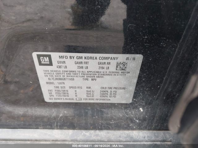 KL7CJNSB6GB711459 Chevrolet Trax 1ls