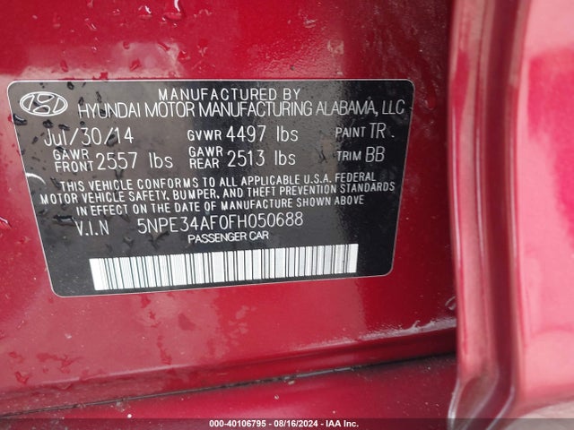 Hyundai Sonata Limited 2015 5NPE34AF0FH050688 Image 9