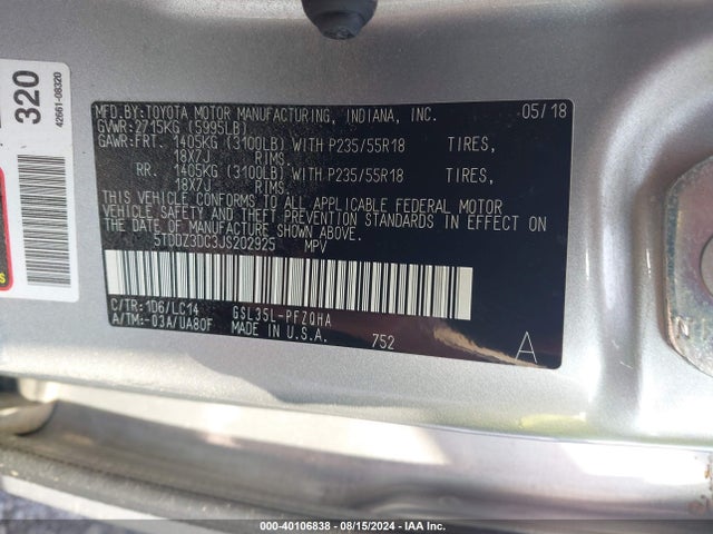 2018 Toyota Sienna Xle 7 Passenger მანქანა იყიდება აუქციონზე, vin: 5TDDZ3DC3JS202925, აუქციონის ნომერი: 40106838