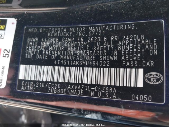 4T1G11AK6MU494022 Toyota Camry Se Nightshade Edition