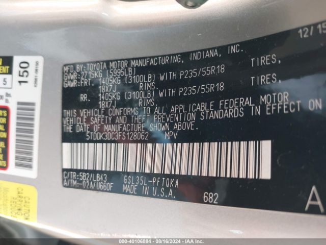 5TDDK3DC3FS128062 Toyota Sienna Limited Premium 7 Passenger