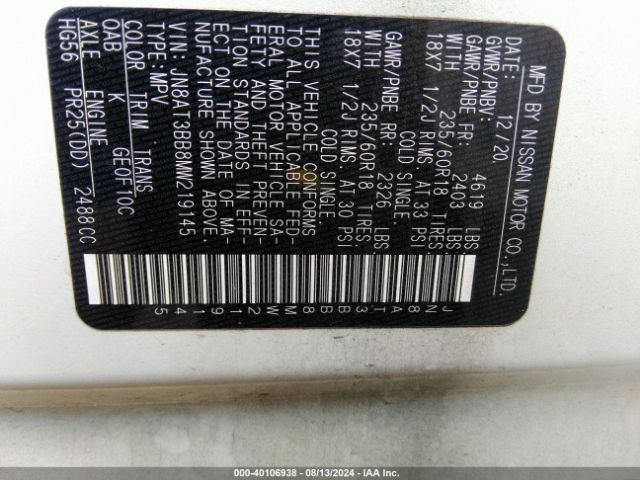 JN8AT3BB8MW219145 Nissan Rogue Sv Intelligent Awd