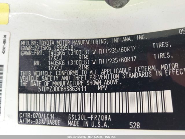 5TDYZ3DC6HS863411 Toyota Sienna Xle 8 Passenger