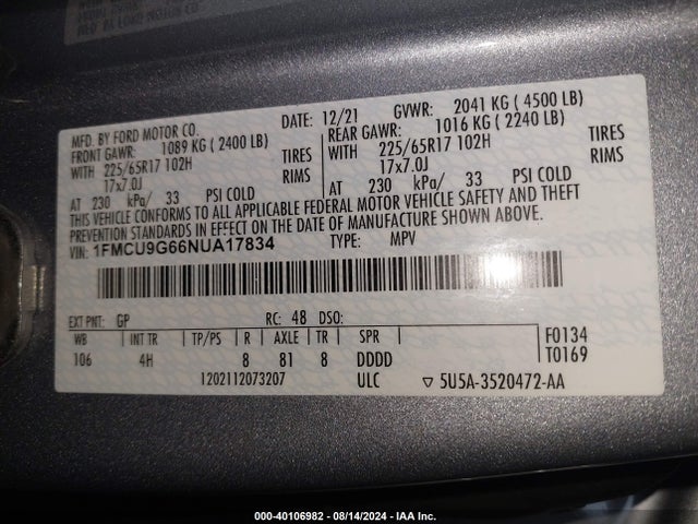 Ford ESCAPE SE 2022 1FMCU9G66NUA17834 Image 9