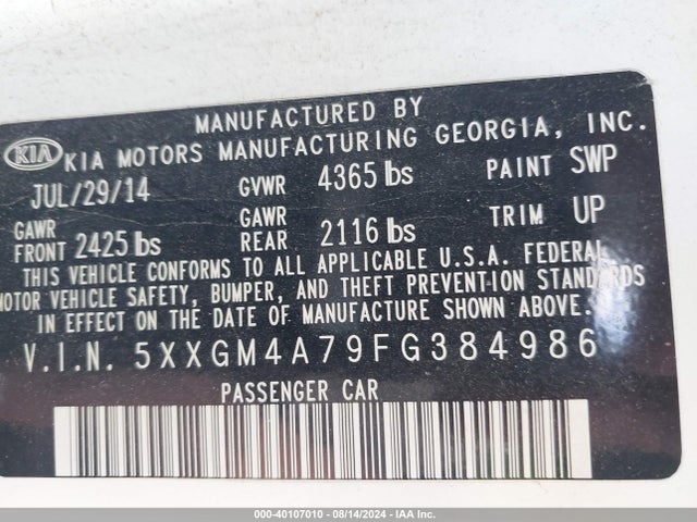 KIA Optima Lx 2015 5XXGM4A79FG384986 Image 9