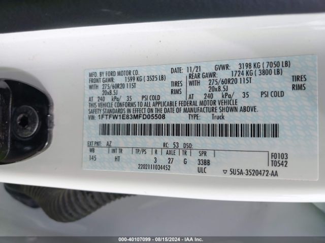 1FTFW1E83MFD05508 Ford F-150 Lariat