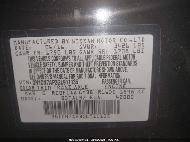 Nissan Versa 1.6 Sv 2016 3N1CN7AP3GL911135 Image 9