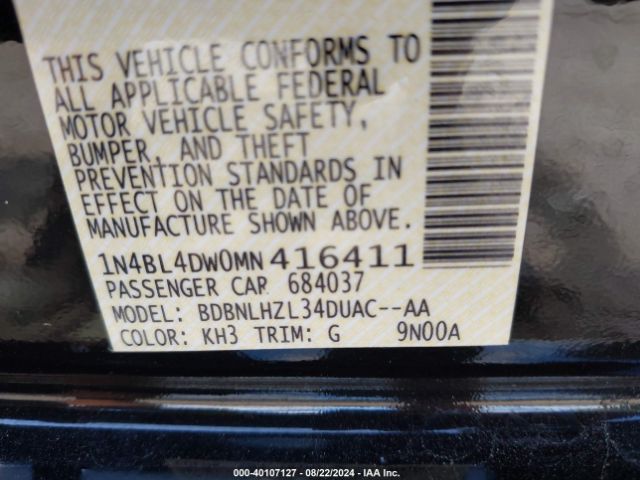1N4BL4DW0MN416411 Nissan Altima Sv Intelligent Awd