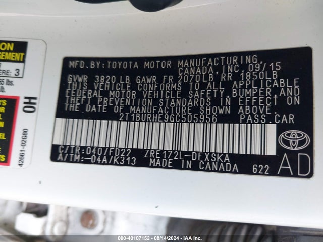 Toyota Corolla S Plus 2016 2T1BURHE9GC505956 Image 9