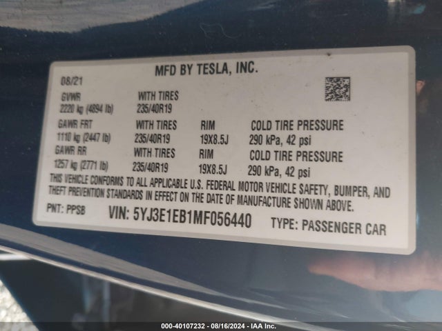 2021 TESLA MODEL 3 5YJ3E1EB1MF056440 Photo 8